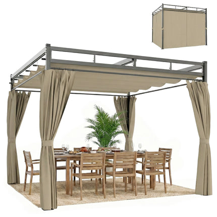 3 x 3 m Pergola with Retractable Roof Canopy and Curtains, UPF30+ Metal Frame Ga 1