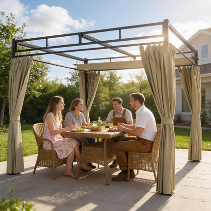 3 x 3 m Pergola with Retractable Roof Canopy and Curtains, UPF30+ Metal Frame Ga 1