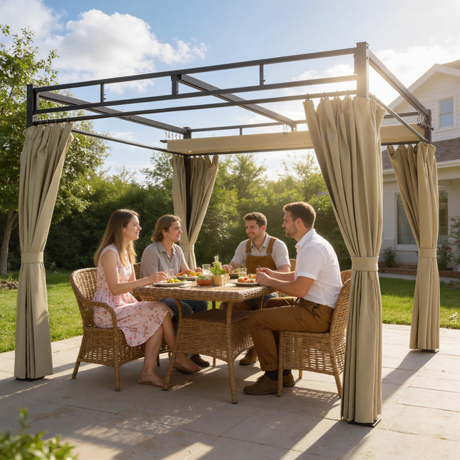 3 x 3 m Pergola with Retractable Roof Canopy and Curtains, UPF30+ Metal Frame Ga 1