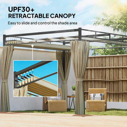 3 x 3 m Pergola with Retractable Roof Canopy and Curtains, UPF30+ Metal Frame Ga 1