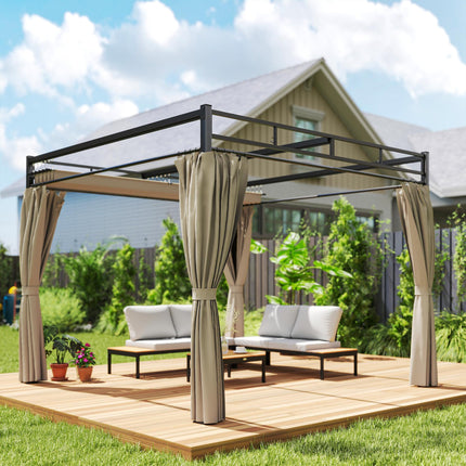 3 x 3 m Pergola with Retractable Roof Canopy and Curtains, UPF30+ Metal Frame Ga 1