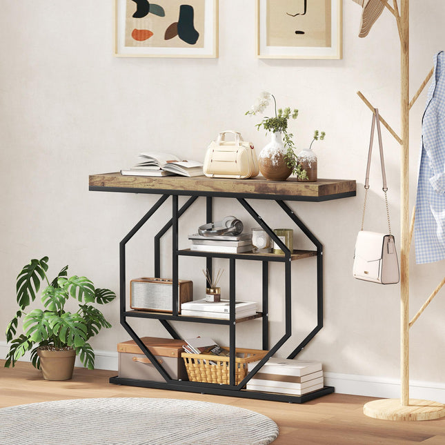 4-Tier Industrial Console Table - Rustic Brown