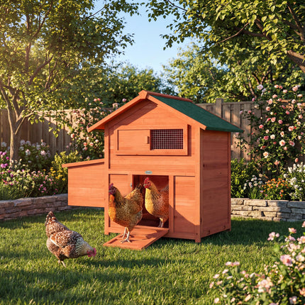 Chicken Coop, Wooden Hen House with Nesting Box, Pull-Out Tray, Sliding Window, Waterproof Roof, Perches and Ramp