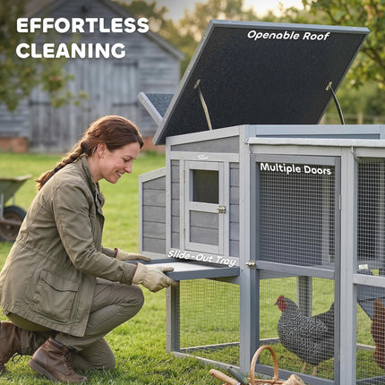 Large Chicken Coop, Wooden Hen House with Covered Run, Nesting Box, Pull-Out Tray, Opening Asphalt Roof