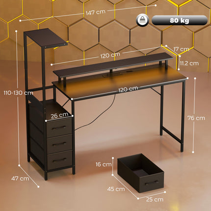 147cm Gaming Desk with Charging Station and Monitor Stand, Computer Table for Home Office with RGB Lights, Black
