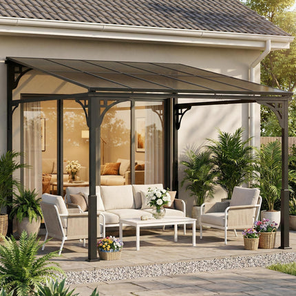 3 x 2.87 m Metal Lean-to Pergola, Wall-Mounted Hardtop Garden Pergola with Polyc