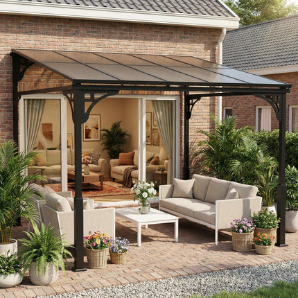 3 x 2.87 m Metal Lean-to Pergola, Wall-Mounted Hardtop Garden Pergola with Polyc