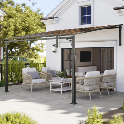 3.4 x 3 m Metal Lean-to Pergola, Wall-Mounted Garden Pergola with Polycarbonate