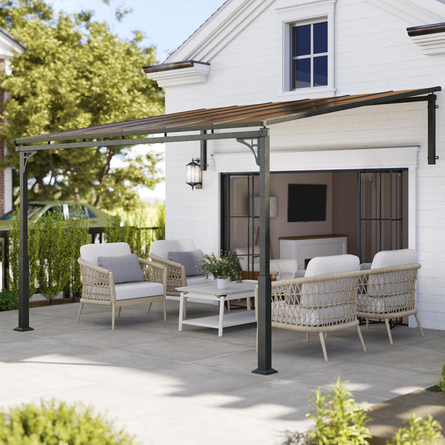 3.4 x 3 m Metal Lean-to Pergola, Wall-Mounted Garden Pergola with Polycarbonate
