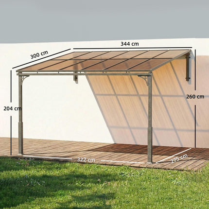 3.4 x 3 m Metal Lean-to Pergola, Wall-Mounted Garden Pergola with Polycarbonate