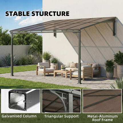 3.4 x 3 m Metal Lean-to Pergola, Wall-Mounted Garden Pergola with Polycarbonate