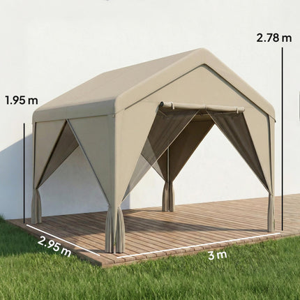 3 x 3 m Patio Gazebo with Netting & Curtains, Outdoor Canopy Shelter with Galvanised Steel Frame, Khaki