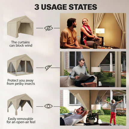 3 x 3 m Patio Gazebo with Netting & Curtains, Outdoor Canopy Shelter with Galvanised Steel Frame, Khaki