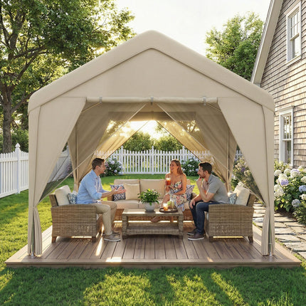 3 x 3 m Patio Gazebo with Netting & Curtains, Outdoor Canopy Shelter with Galvanised Steel Frame, Khaki
