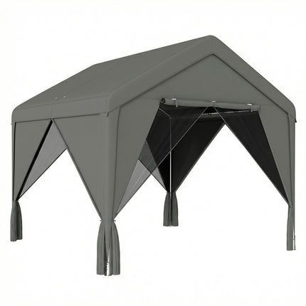3 x 3 m Patio Gazebo with Netting & Curtains, Outdoor Canopy Shelter with Galvanised Steel Frame, Dark Grey
