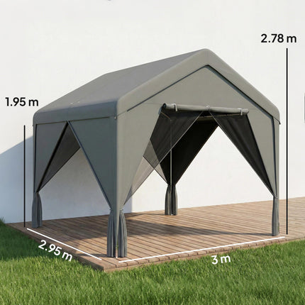 3 x 3 m Patio Gazebo with Netting & Curtains, Outdoor Canopy Shelter with Galvanised Steel Frame, Dark Grey