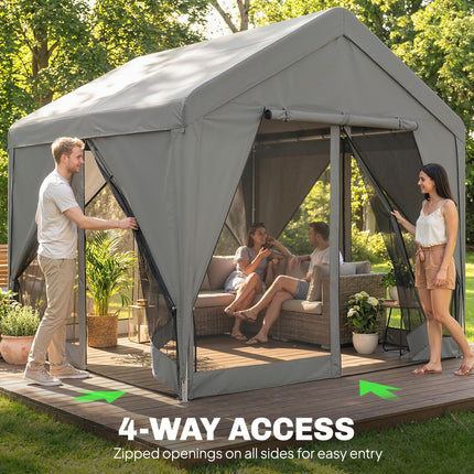 3 x 3 m Patio Gazebo with Netting & Curtains, Outdoor Canopy Shelter with Galvanised Steel Frame, Dark Grey