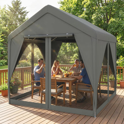 3 x 3 m Patio Gazebo with Netting & Curtains, Outdoor Canopy Shelter with Galvanised Steel Frame, Dark Grey