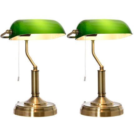 Banker's Table Lamps Set of 2, Desk Lamps with Antique Bronze Tone Base, Green Glass Shade and Pull Rope Switch for Home Office, Living Room, Bedroom, Dining Room, Green
