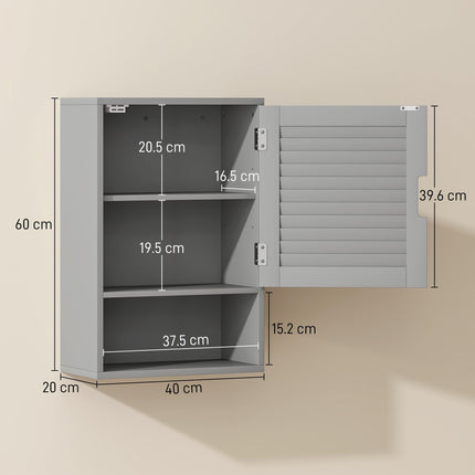 Bathroom Cabinet, Wall Mounted Storage Cabinet with Adjustable Shelves, 40 x 20 x 60 cm, Grey