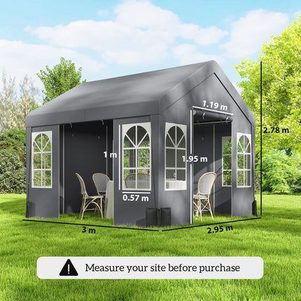 3 x 3 m Party Tent, Outdoor Canopy Tent Shelter with Removable Sidewalls, 4 Zipped Doors, for Parties, Wedding, Grey