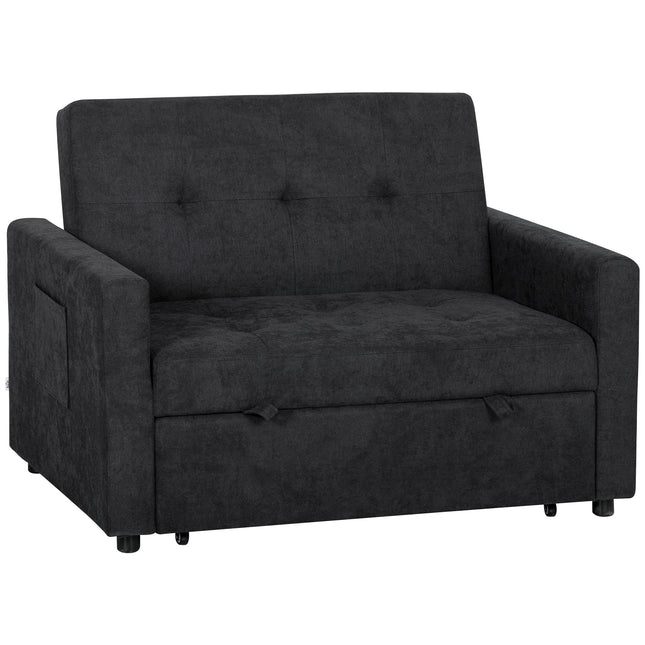 Loveseat Sofa Bed, Convertible Bed Settee with 2 Pillows, Side Pockets, Black
