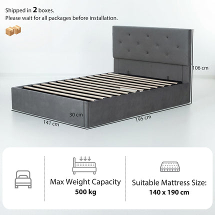 Double Bed Frame Gas End Lift Under Bed Storage Upholstered Platform Bed Tufted Headboard for 140 x 190 cm Mattress