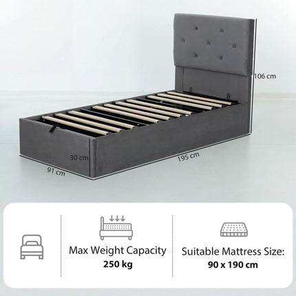 Single Bed Frame Gas End Lift Under Bed Storage Upholstered Platform Bed Tufted Headboard for 90 x 190 cm Mattress