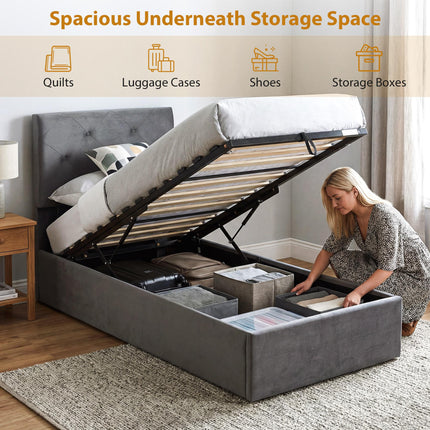 Single Bed Frame Gas End Lift Under Bed Storage Upholstered Platform Bed Tufted Headboard for 90 x 190 cm Mattress
