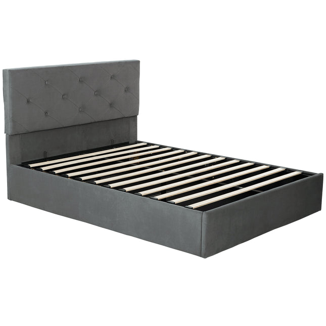 King Size Bed Frame Gas End Lift Under Bed Storage Upholstered Platform Bed Tufted Headboard for 150 x 200 cm Mattress