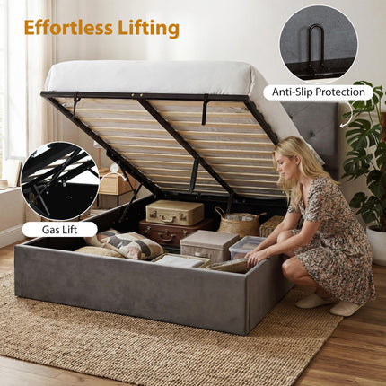 King Size Bed Frame Gas End Lift Under Bed Storage Upholstered Platform Bed Tufted Headboard for 150 x 200 cm Mattress