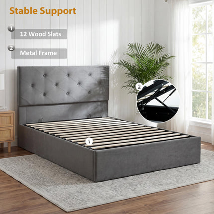 King Size Bed Frame Gas End Lift Under Bed Storage Upholstered Platform Bed Tufted Headboard for 150 x 200 cm Mattress