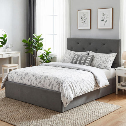 King Size Bed Frame Gas End Lift Under Bed Storage Upholstered Platform Bed Tufted Headboard for 150 x 200 cm Mattress