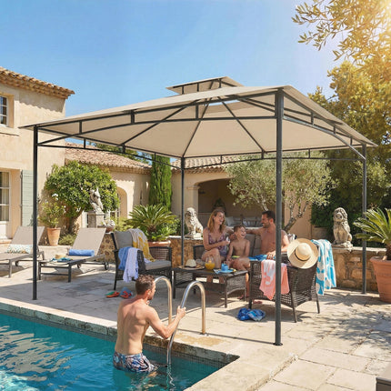 3 x 3 m Gazebo, Garden Gazebo with 2-Tier Roof, Metal Frame, Khaki