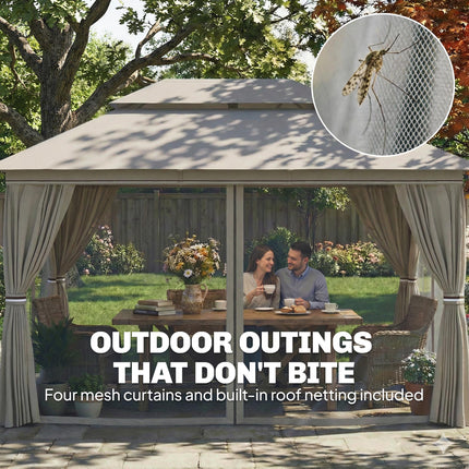 Outsunny 3 x 4 m Outdoor Garden Gazebo with Netting and Curtains, UPF50+ Patio Gazebo Permanent Pavilion Canopy, Beige