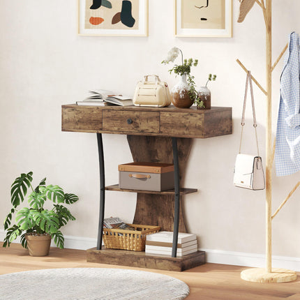 Console Table, 3-Tier Industrial Hallway Table with Drawer, Storage Shelves, 91 x 32 x 87 cm, Rustic Brown