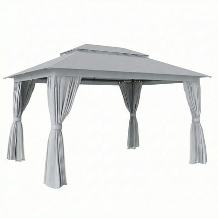Outsunny 3 x 4 m Outdoor Garden Gazebo with Netting and Curtains, UPF50+ Patio Gazebo Permanent Pavilion Canopy, Dark Grey