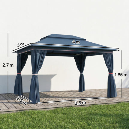 3 x 4 m Outdoor Garden Gazebo with Netting and Curtains, UPF50+ Patio Gazebo Permanent Pavilion Canopy, Dark Blue