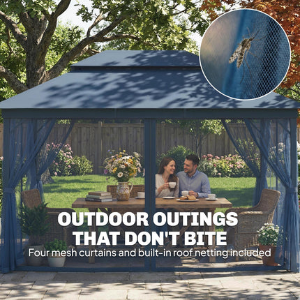 3 x 4 m Outdoor Garden Gazebo with Netting and Curtains, UPF50+ Patio Gazebo Permanent Pavilion Canopy, Dark Blue
