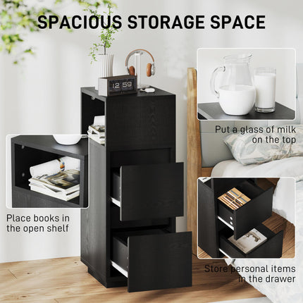 Slim Bedside Table, Narrow Bedside Cabinet with Open Shelf and 2 Drawers for Bed