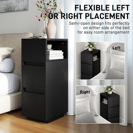 Slim Bedside Table, Narrow Bedside Cabinet with Open Shelf and 2 Drawers for Bed