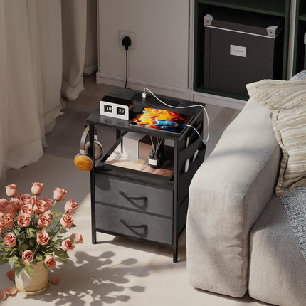 Bedside Table with Charging Station - Black