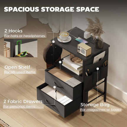 Bedside Table with Charging Station - Black