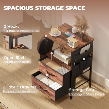 Bedside Table with Charging Station - Rustic Brown