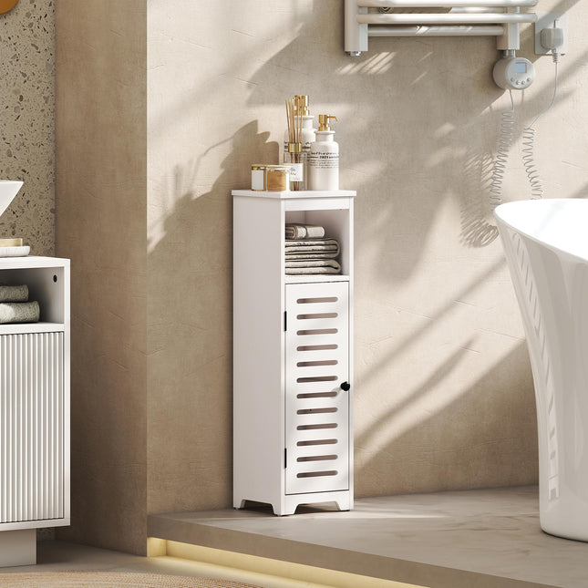 Bathroom Floor Cabinet, Bathroom Storage Unit with Louvered Door, Open Shelf, Adjustable Shelf, White, 22 x 20 x 75 cm