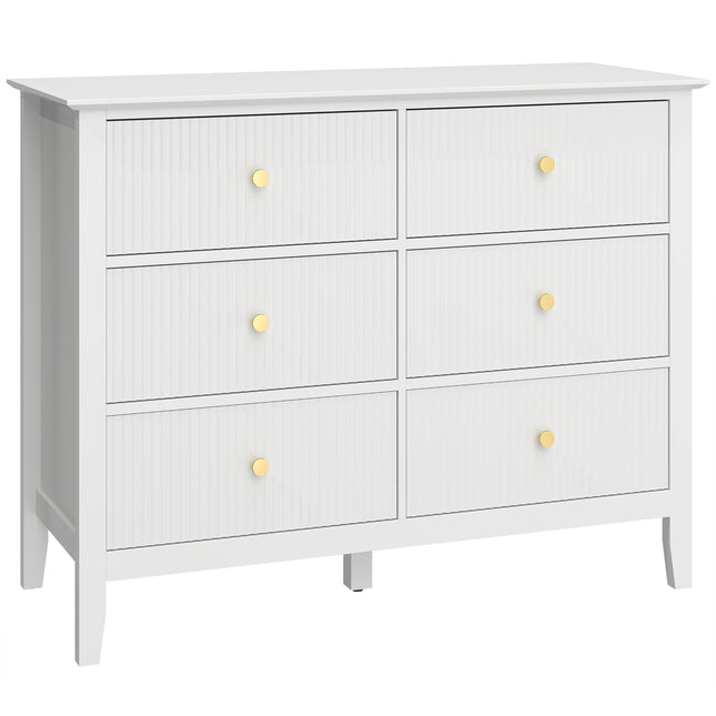 Fluted Dresser, 6 Drawer Chest of Drawers for Bedroom, Living Room, Hallway, Closet, White