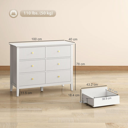 Fluted Dresser, 6 Drawer Chest of Drawers for Bedroom, Living Room, Hallway, Closet, White