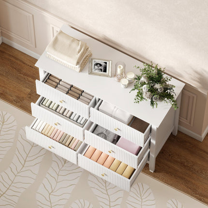 Fluted Dresser, 6 Drawer Chest of Drawers for Bedroom, Living Room, Hallway, Closet, White
