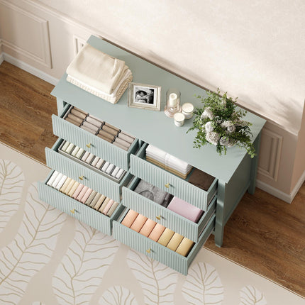Fluted Dresser, 6 Drawer Chest of Drawers for Bedroom, Living Room, Hallway, Closet, Green