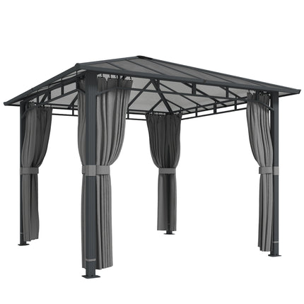 3 x 3 m Outdoor Hardtop Gazebo Canopy with PC Roof, Aluminium Permanent Pavilion Garden Gazebo with Curtains, Tan